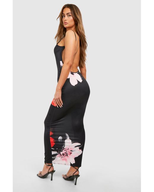 Boohoo Black Floral Slinky Low Back Maxi Dress