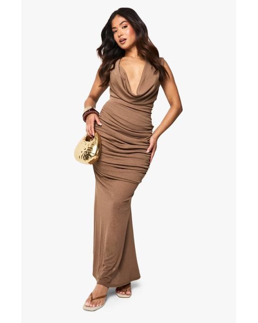 Boohoo Women's Brown Petite Cowl Ruched Sleeveless Maxi Dress