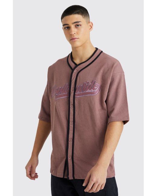 BoohooMAN Brown Oversized Worldwide Baseball Shirt for men