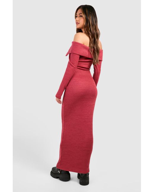 Boohoo Red Off The Shoulder Heavy Rib Long Sleeve Maxi Dress