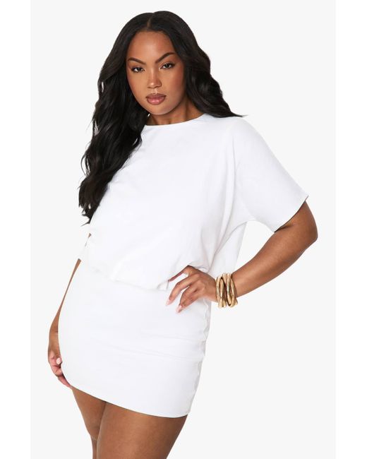 Boohoo Women's White Plus Cotton Blouson T-Shirt Dress