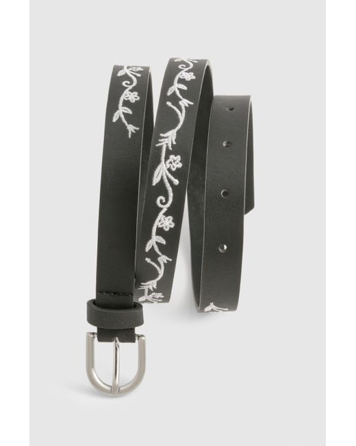 Cinturón Fino Con Bordado De Flores Boohoo de color Black