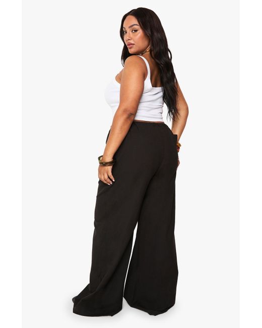 Boohoo Black Plus Linen Drawstring Wide Leg Trouser