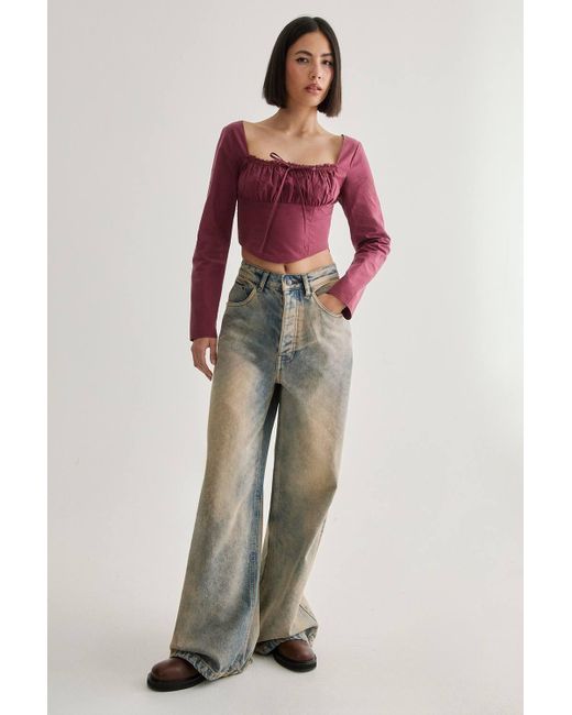 Nasty Gal Red Cotton Lace Trim Lace Up Back Long Sleeve Corset Top