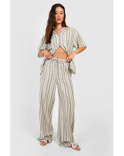 Boohoo White Tall Stripe Linen Short Sleeve And Trouser Co-ord