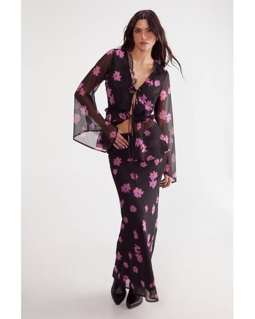 Nasty Gal Purple Ditsy Chiffon Ruffle Tie Front Fluted Sleeve Top