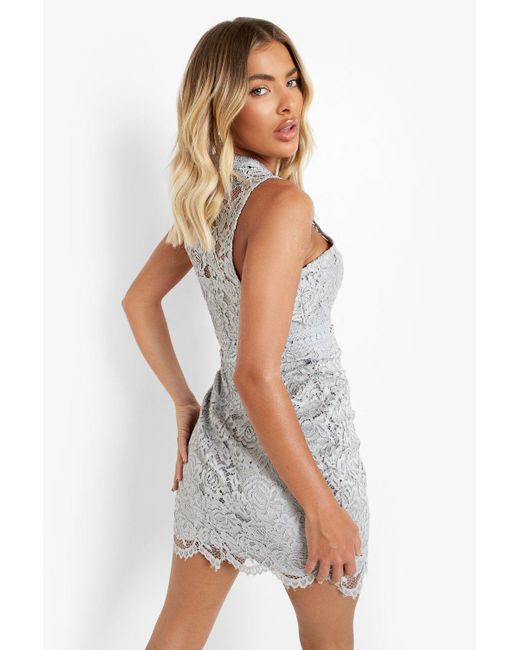 boutique lace racer neck bodycon dress