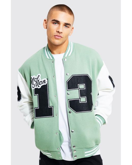 BoohooMAN Denim Oversized Badge Jersey Varsity Bomber Jacket in Green