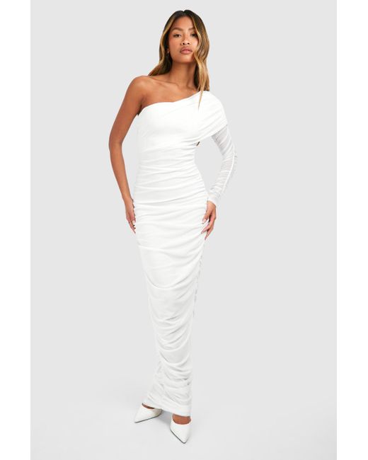 Boohoo White One Shoulder Rouched Mesh Maxi Dress