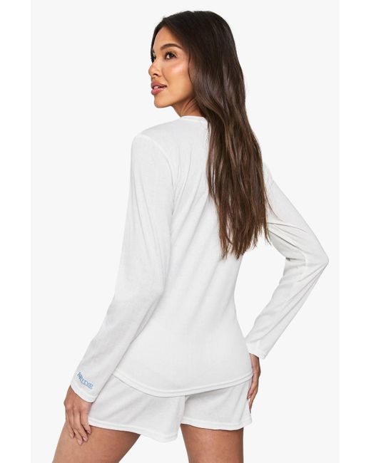 Boohoo White Bridal 'Bride' Embroidered Pointelle Long Sleeve Top & Shorts Pyjama Set