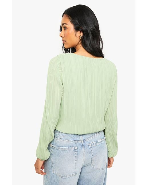 Boohoo Green Plisse Button Through Blouse