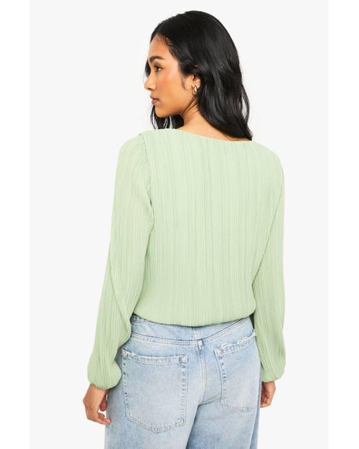 Boohoo Green Plisse Button Through Blouse