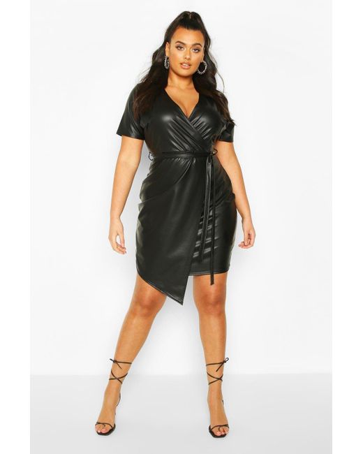 Boohoo Plus Leather Look Wrap Dress in Black | Lyst