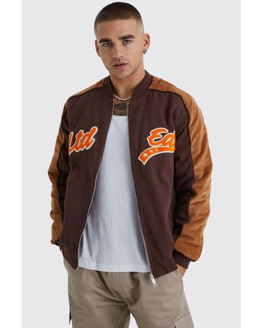 BoohooMAN Brown Cord & Twill Varsity Jacket With Badges for men