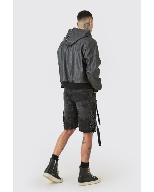 BoohooMAN Gray Tall Washed Pu Hooded Bomber for men
