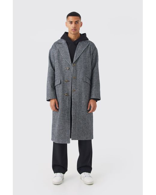 BoohooMAN Gray Wool Look Overcoat With Metal Clasp for men