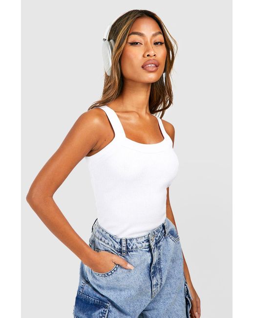 Boohoo Rib Thick Binding Curved Strap Tank in White | Lyst UK