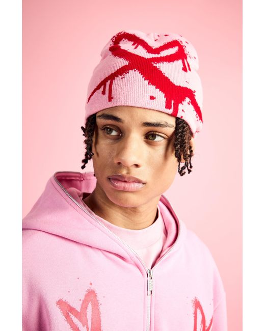 BoohooMAN Pink Spray Heart Graphic Beanie for men