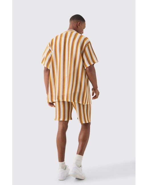 Boohoo Yellow Relaxed Open Stitch Stripe Knit Short In Mustard