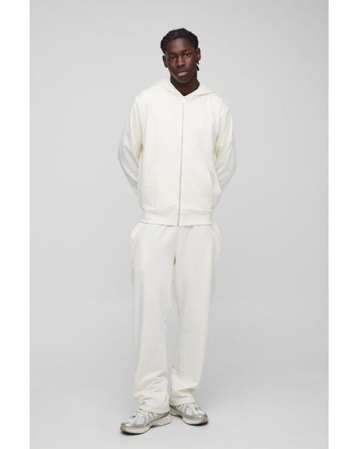 BoohooMAN Natural 260Gsm Loopback Basic Regular Fit Zip Through Hoodie And Straight Leg Sweatpants Set for men