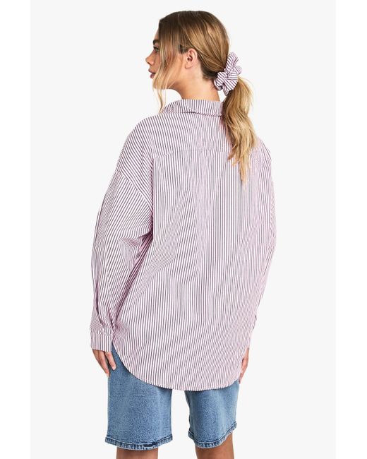 Boohoo Purple Stripe Oversized Shirt & Scrunchie Set