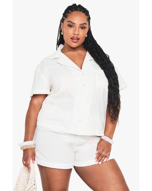 Boohoo Women's White Plus Seersucker Short Sleeve Shirt Flippy