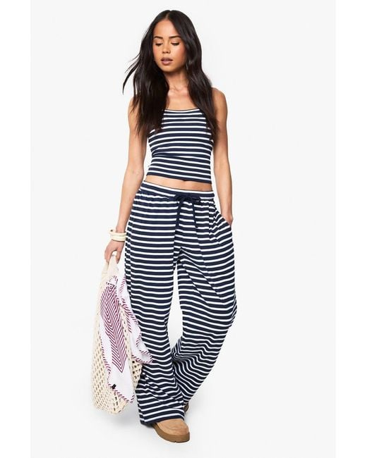 Boohoo Blue Stripe Ribbed Wide Leg Trouser