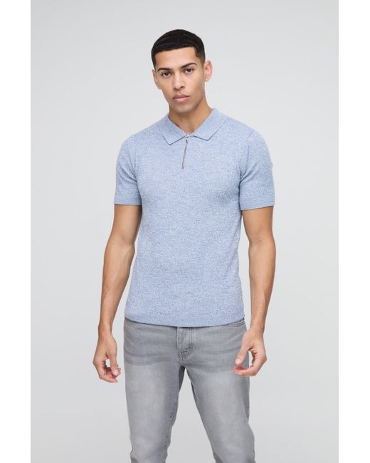 Boohoo Blue Muscle Fit Zip Neck Colour Twist Knitted Polo
