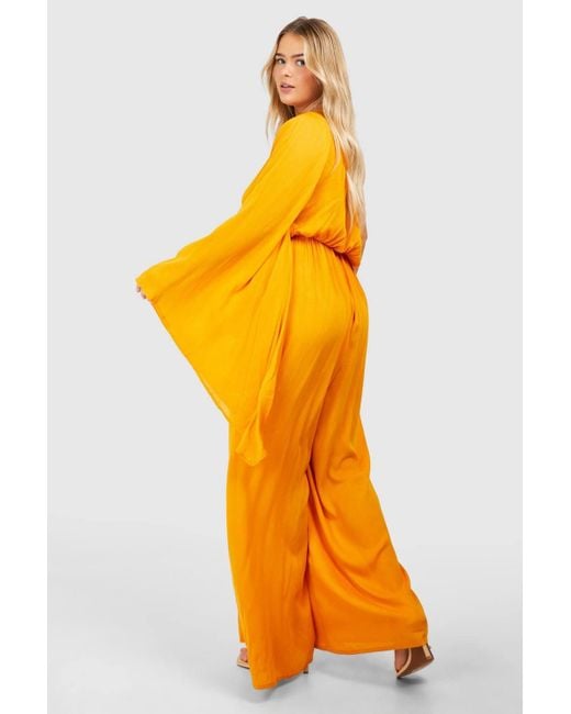 Boohoo Orange Plus Flare Sleeve Cheesecloth Jumpsuit