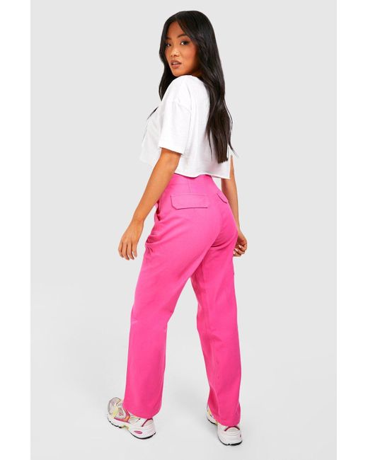 Boohoo Petite Straight Leg Cargo Trousers in Pink | Lyst