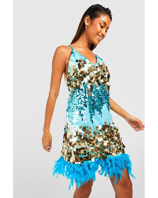 Boohoo Ombre Sequin Feather Slip Party Dress in Blue | Lyst