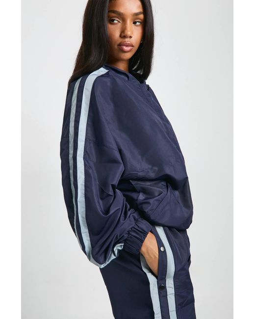 Boohoo Blue Nylon Side Stripe Button Through Jacket