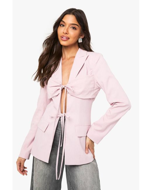 Boohoo Pink Tie Front Detail Fitted Blazer