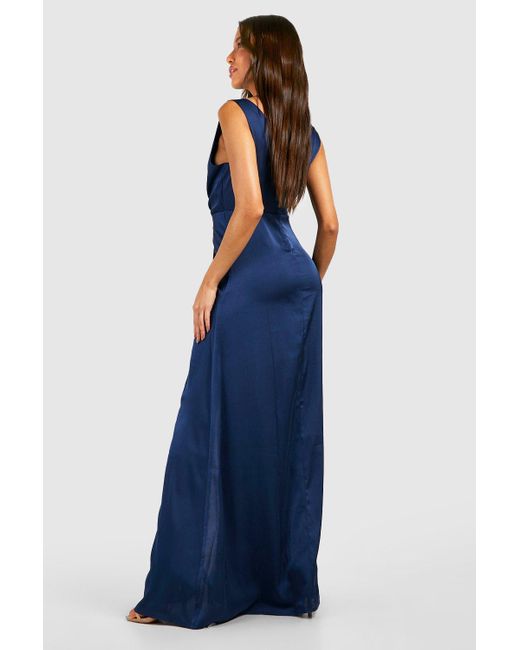Boohoo Blue Satin Twist Detail Split Maxi Dress