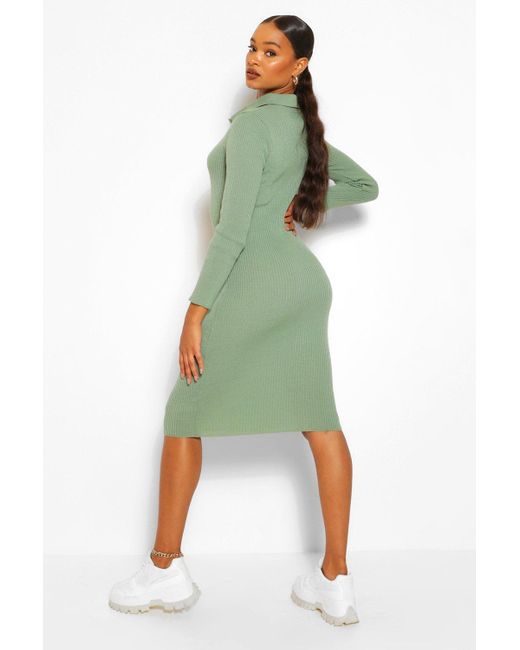 Boohoo Polo Collar Rib Knit Midi Dress 