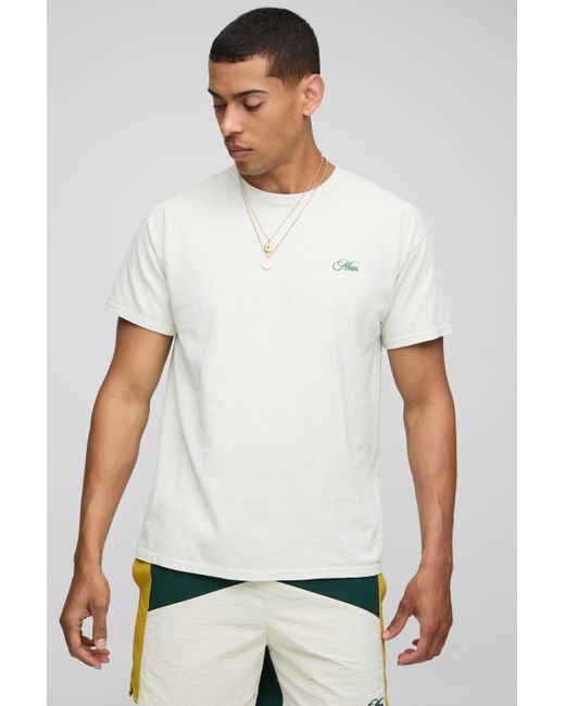 BoohooMAN White Regular Fit Script Embroidered Washed T-Shirt for men