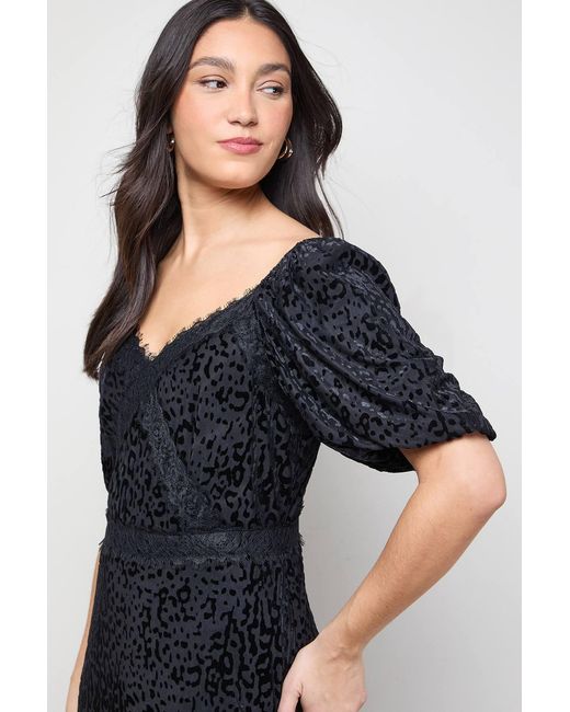 Oasis Blue Devore Puff Sleeve Midi Dress