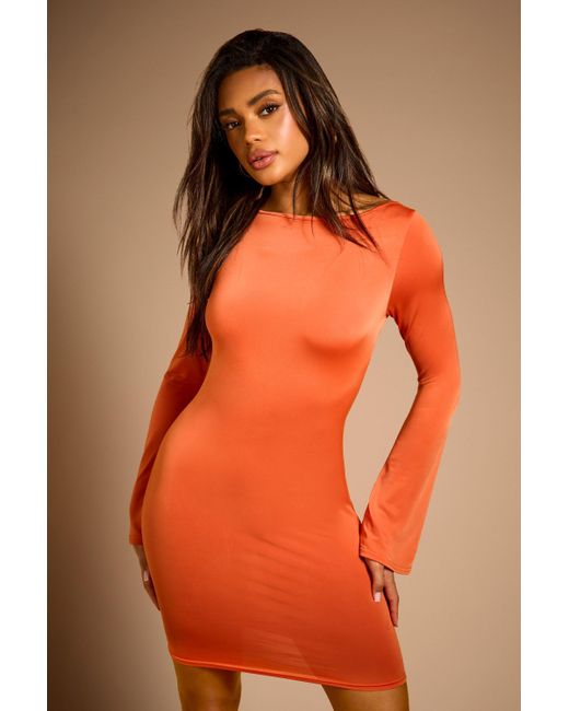 Boohoo Orange Flared Long Sleeve Mini Dress