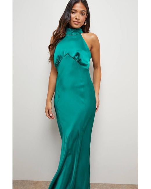 Oasis Blue Petite Satin Halterneck Bias Midi Dress