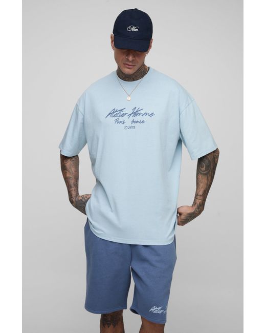 BoohooMAN Blue Tall Oversized Homme Print T-Shirt & Relaxed Short Set for men