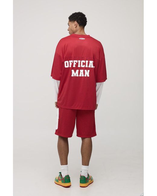 Boohoo Red Oversized Varsity Mesh Mid Length Shorts