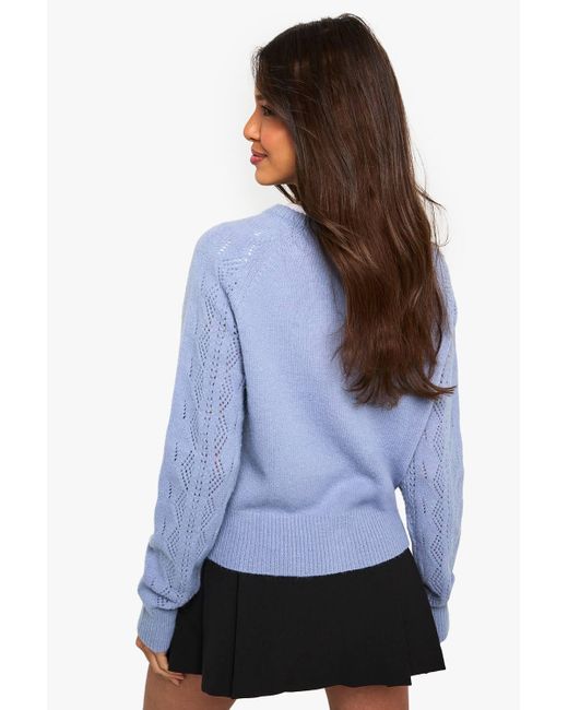 Boohoo Blue Lightweight Cable Knit Crew Neck Cardigan