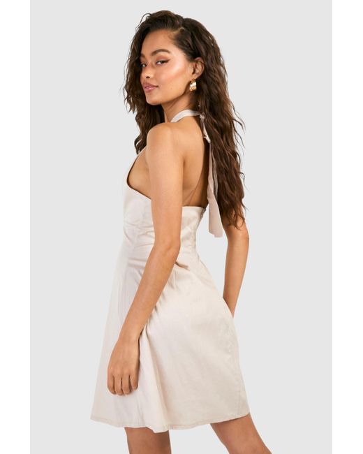 Boohoo White Cotton Tie Shoulder Pleated Skater Dress