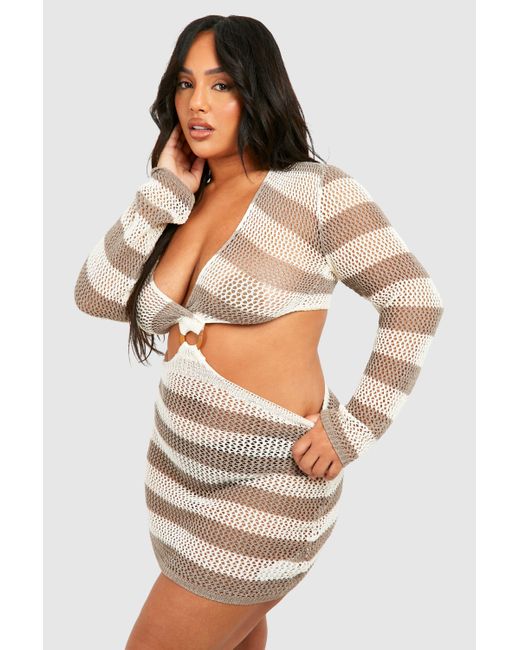 Boohoo White Plus Long Sleeve Ring Detail Beach Mini Dress