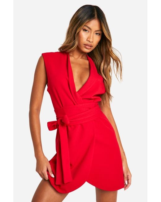 Boohoo Red Tie Waist Blazer Dress