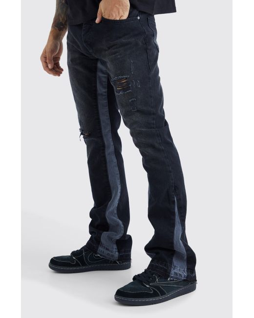 BoohooMAN Blue Slim Flare Distressed Panel Jeans for men