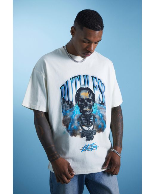 Boohoo Lil Tjay Oversize T-Shirt mit Ruthless Totenkopf-Print in Blue für Herren