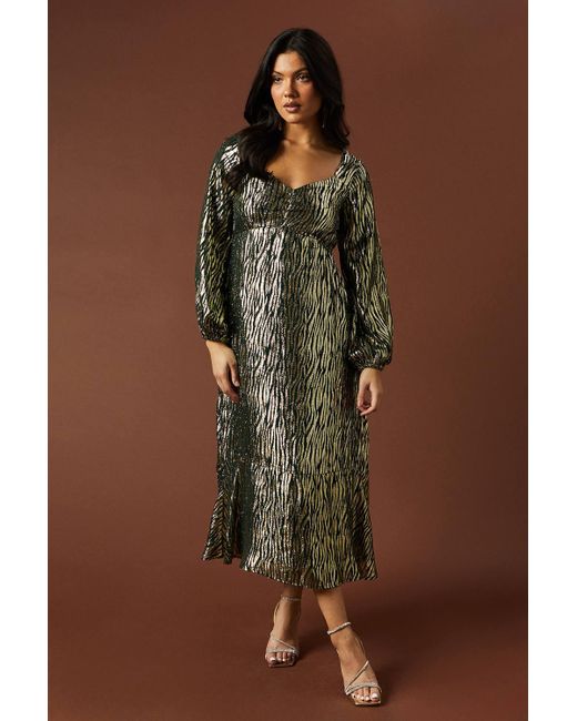 Oasis Brown Occasion Metallic Ruched Midi Dress