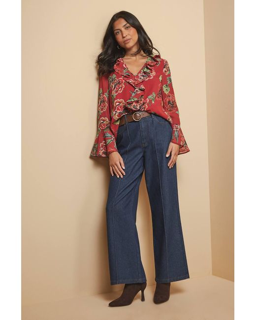 Wallis Blue Floral Print Ruffle Detail Blouse