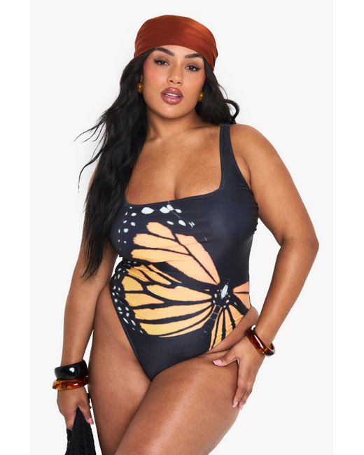 Boohoo Multicolor Plus Butterfly Overszied Print Scoop Bathing Suit